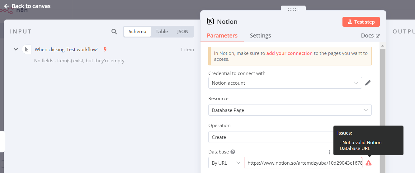Notion: not accepting URL or ID to create a database page 
