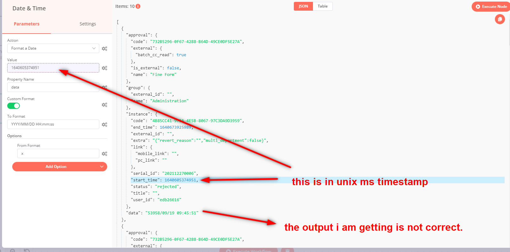 Error in unix ms timestamp conversion Questions n8n