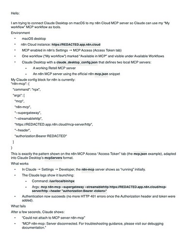 Email to n8n and Claude - Failure RE: n8n MCP Server with Claude Desktop