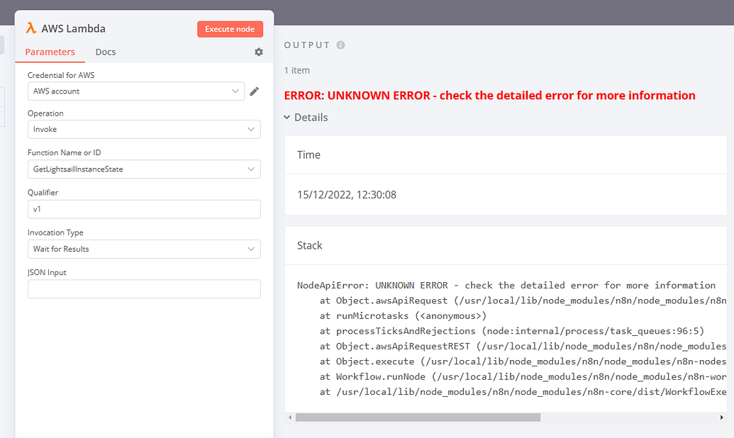 AWS Lambda throw unknow error Questions n8n