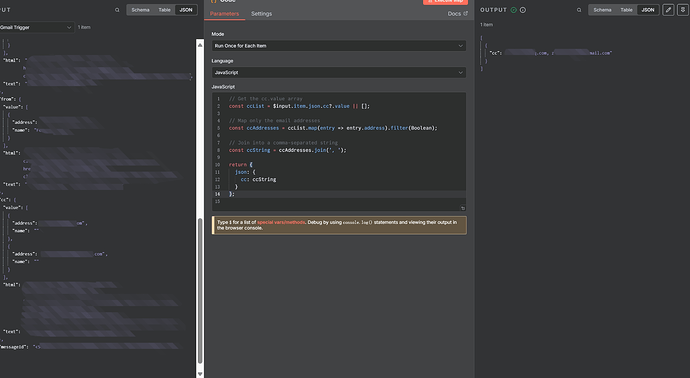 Code node outputting cleaned cc string