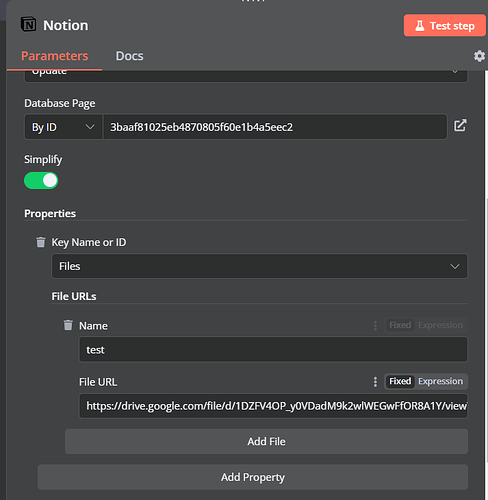 Example setup to update a database item's "Files" property