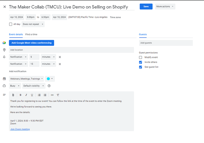 Google Calendar Event