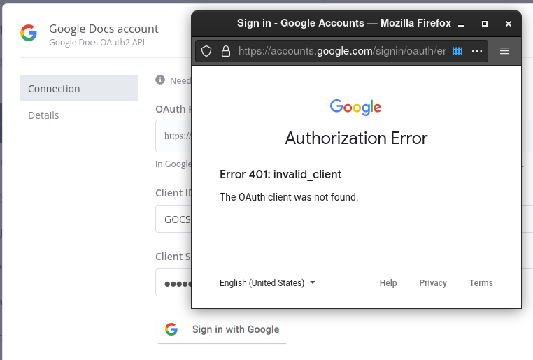 Google Docs, Sheet, Slide, Task, ... Oauth2 error 401 during validation ...