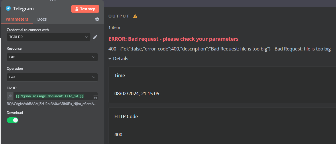 Large File Download For Telegram Questions N8n