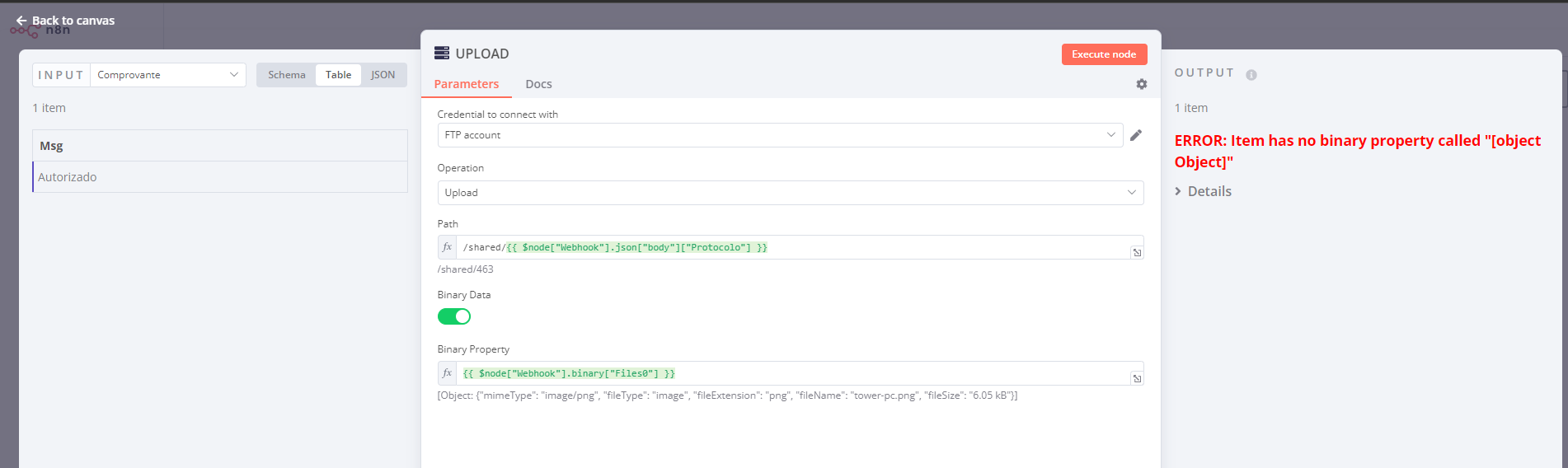 Trying to get binary data from Webhook after a SQL Node