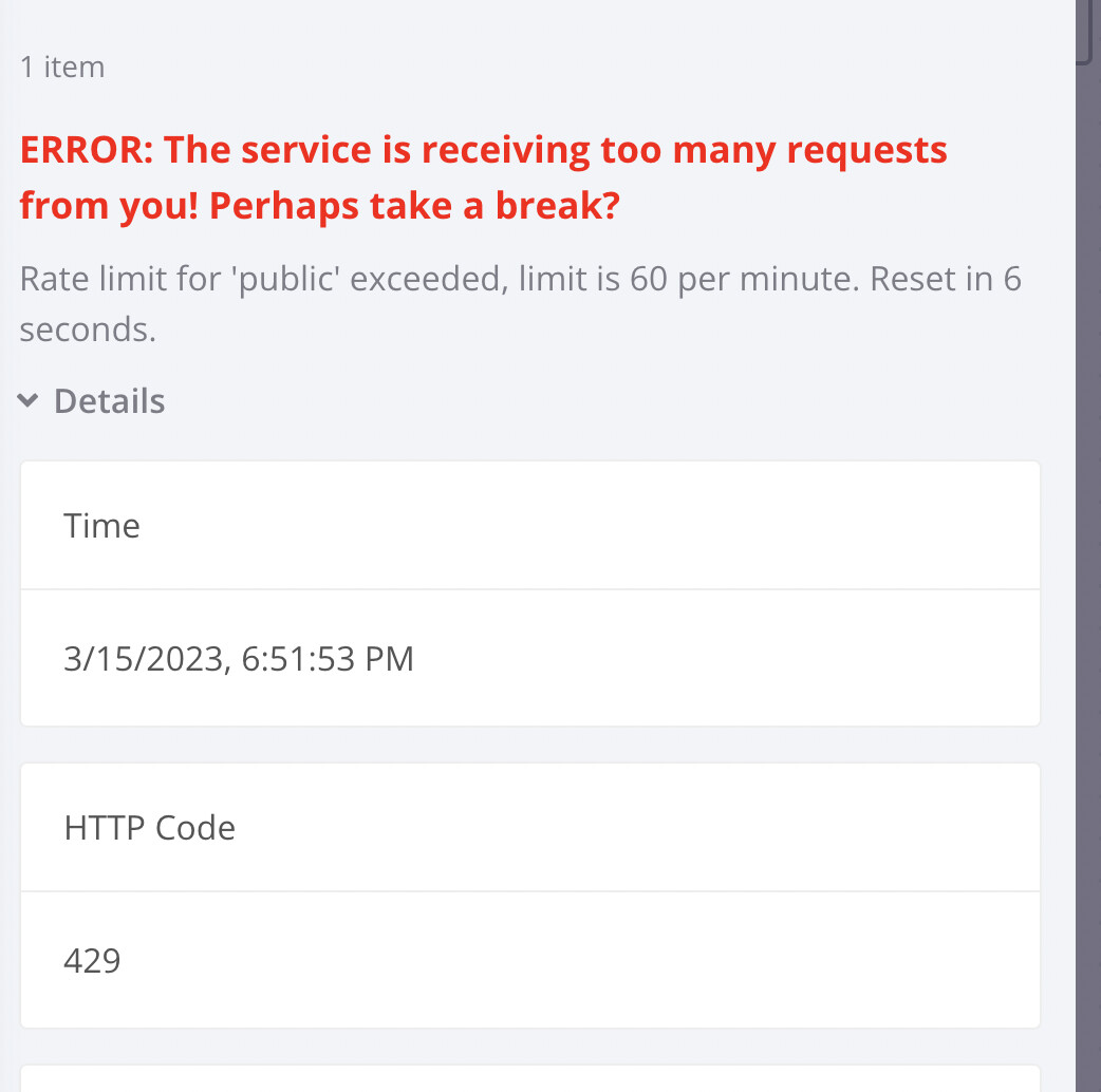 Error: 429 Too Many Requests — You've been rate limited, by Bearer