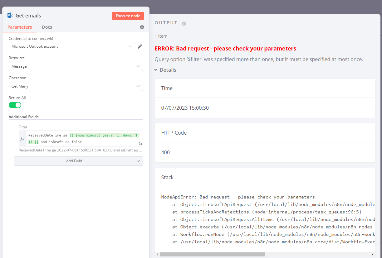 Can't get last Outlook emails - Questions - n8n